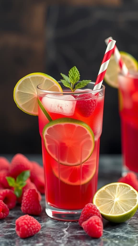 A vibrant Raspberry Lime Cooler mocktail with raspberries and lime slices garnishing the glass.