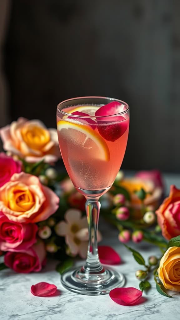 A glass of Raspberry Rose Lemonade garnished with lemon slices and rose petals, surrounded by colorful roses.