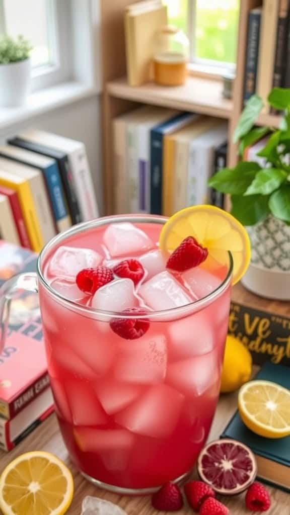 A refreshing glass of raspberry lemonade cooler with ice and lemon slices