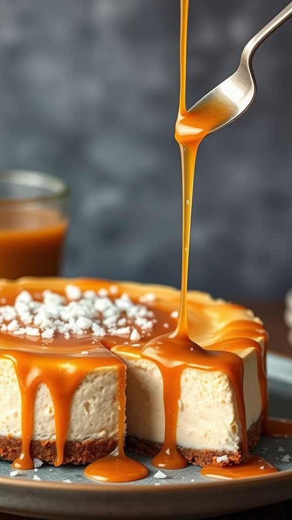 A delicious salted caramel no bake cheesecake with a graham cracker crust and drizzled caramel sauce.