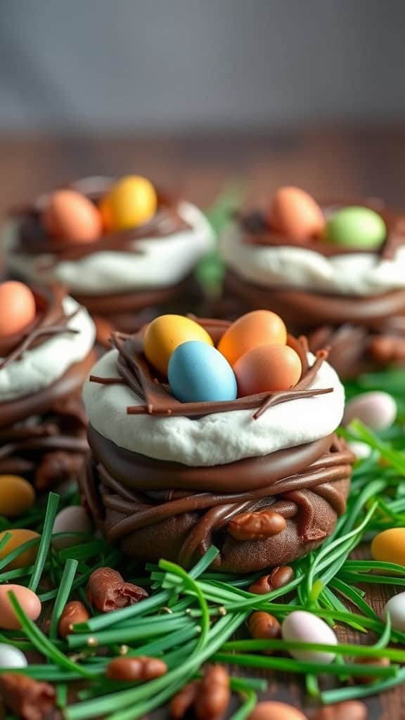 S'mores Easter Nest Cookies decorated with candy eggs on a green grass-like surface.