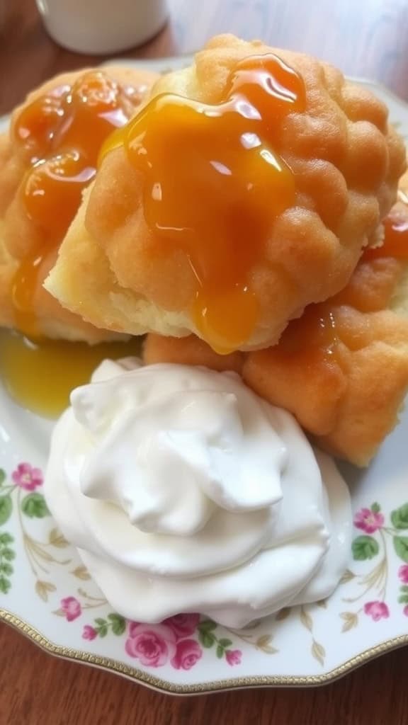 Sopapillas topped with honey and served with whipped cream