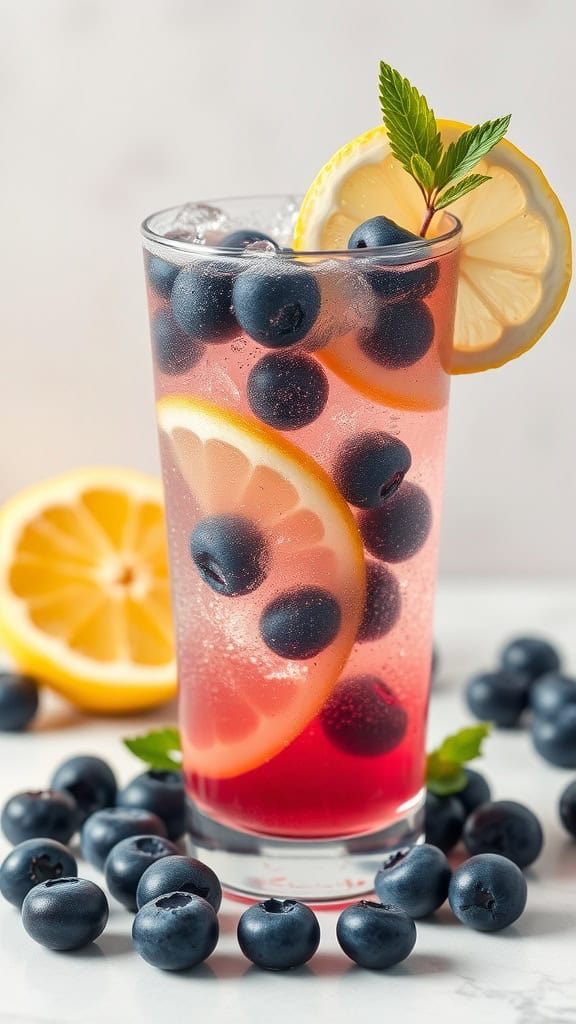 A glass of sparkling blueberry lemonade garnished with lemon slices and mint leaves, surrounded by fresh blueberries.