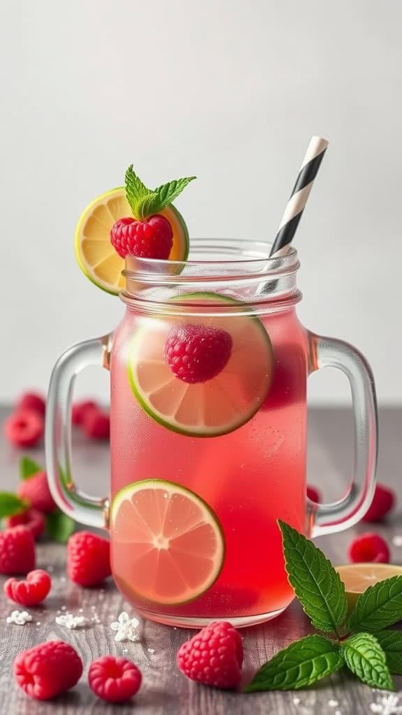 A refreshing glass of Sparkling Raspberry Limeade garnished with lime slices and fresh mint.