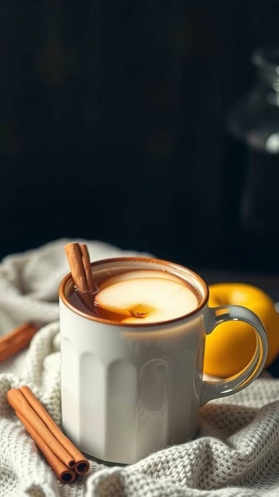 A warm cup of spiced apple cider with a cinnamon stick and apple slice