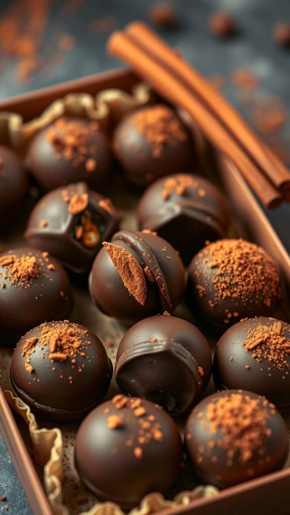 A box of spicy Mexican chocolate truffles topped with cocoa powder and cinnamon sticks.