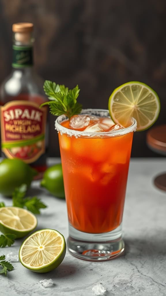 A spicy virgin michelada served in a glass, garnished with lime and fresh herbs.
