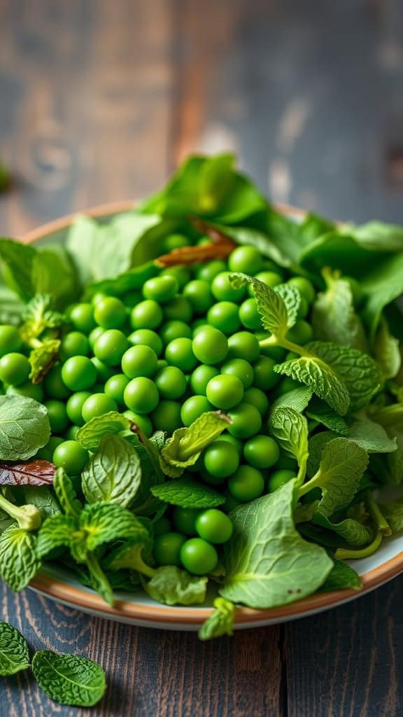 A vibrant bowl of fresh peas and mint leaves for a spring salad.