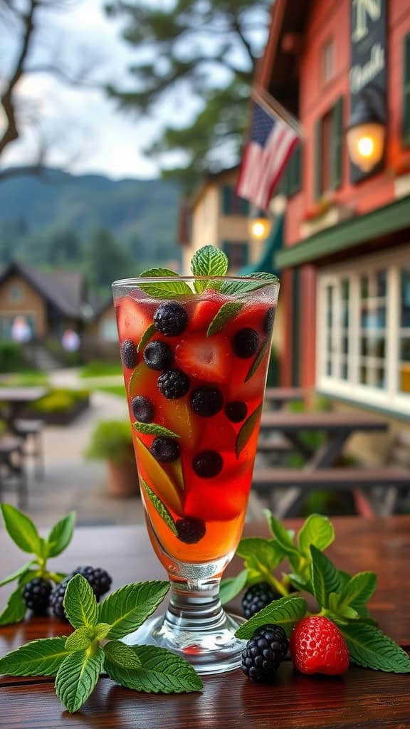 A refreshing berry mocktail served in a tall glass, garnished with mint leaves and lime slices.
