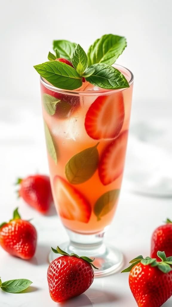 A vibrant glass of Strawberry Basil Lemonade garnished with fresh basil and surrounded by strawberries.