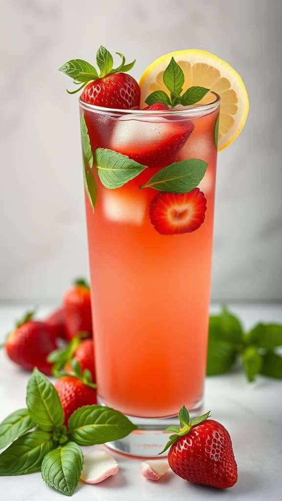 A glass of strawberry basil lemonade garnished with fresh strawberries and basil leaves.