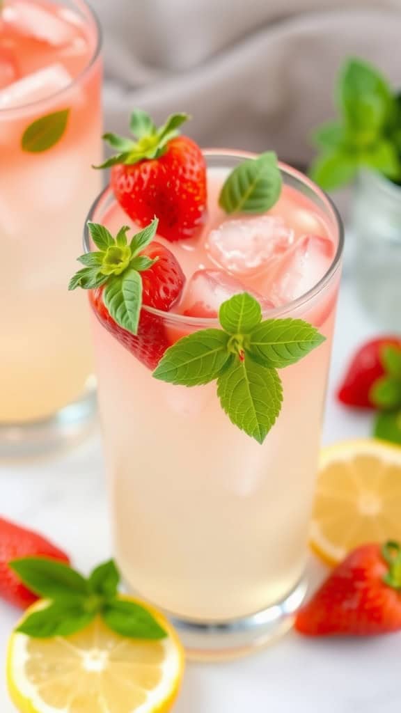 A refreshing glass of strawberry basil lemonade garnished with fresh strawberries and basil leaves.