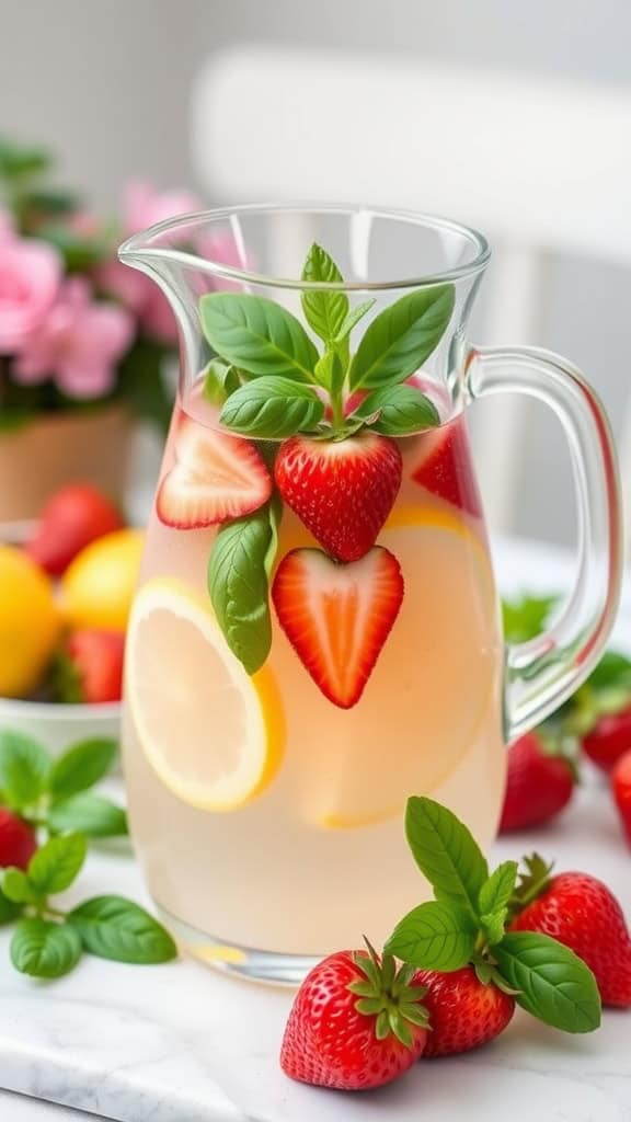A refreshing pitcher of strawberry basil lemonade garnished with fresh strawberries and basil leaves.
