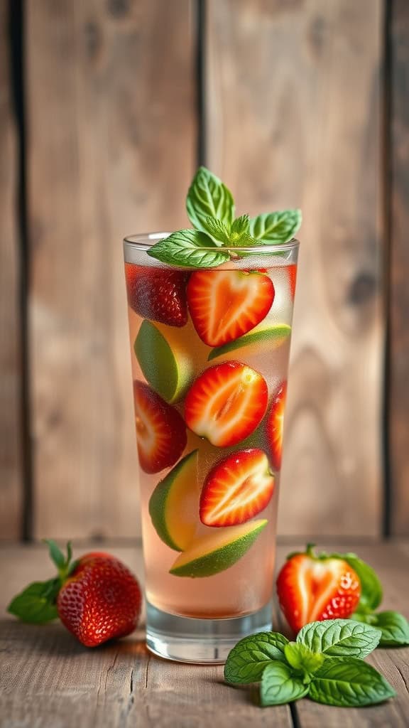 A refreshing Strawberry Basil Mocktail with fresh strawberries and basil leaves.