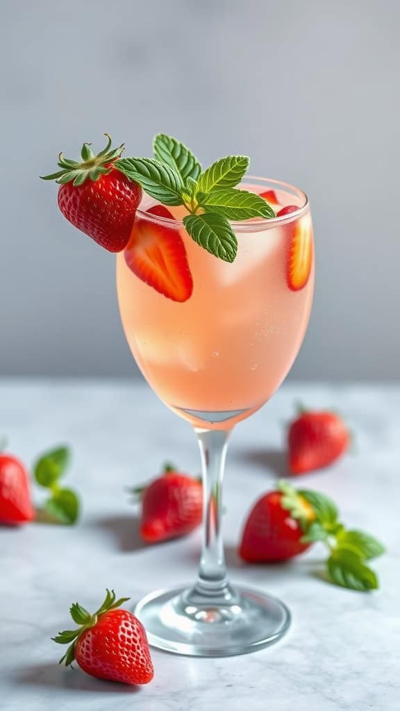 A refreshing strawberry basil spritz mocktail garnished with strawberries and mint.