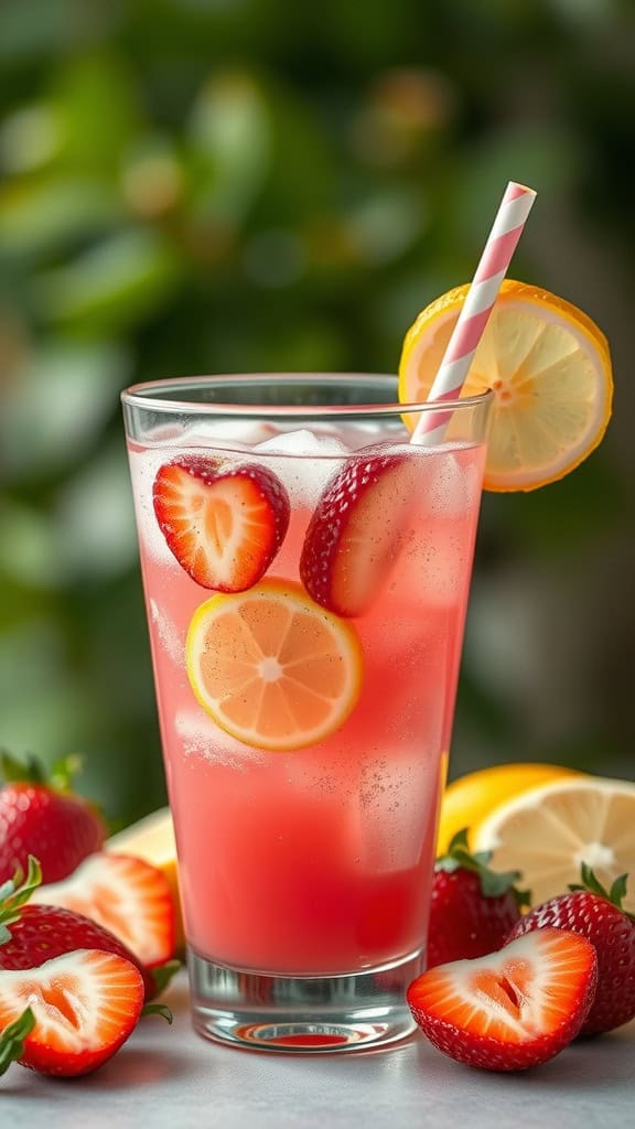 A refreshing Strawberry Lemonade Spritzer served in a glass with strawberries and lemon slices.