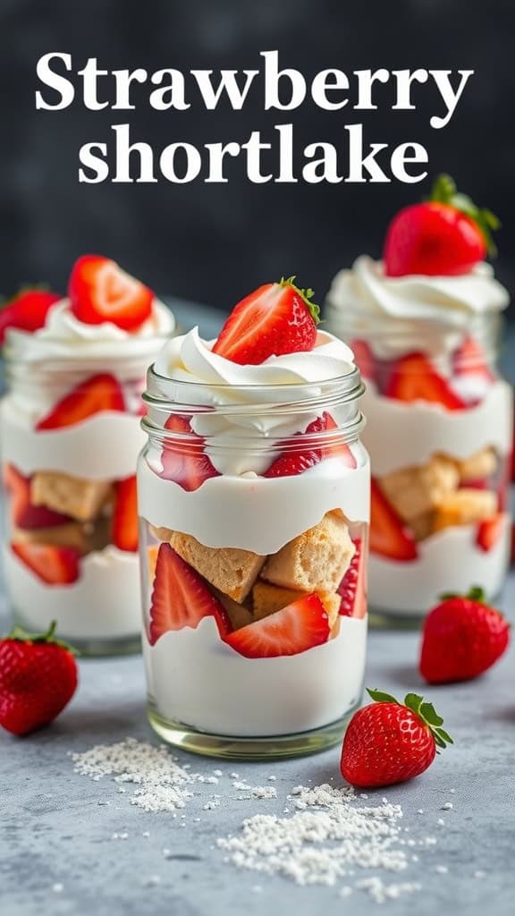 Delicious strawberry shortcake trifles layered in jars with whipped cream and strawberries.
