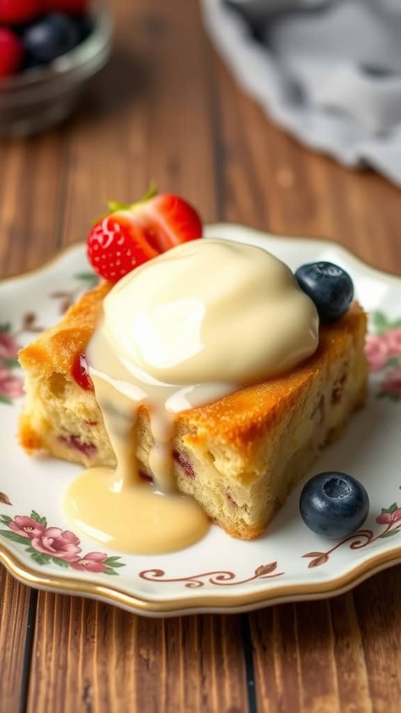 A slice of Irish soda bread pudding topped with cream and fresh berries.