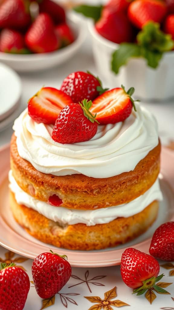 A layered Tres Leches Cake topped with whipped cream and strawberries