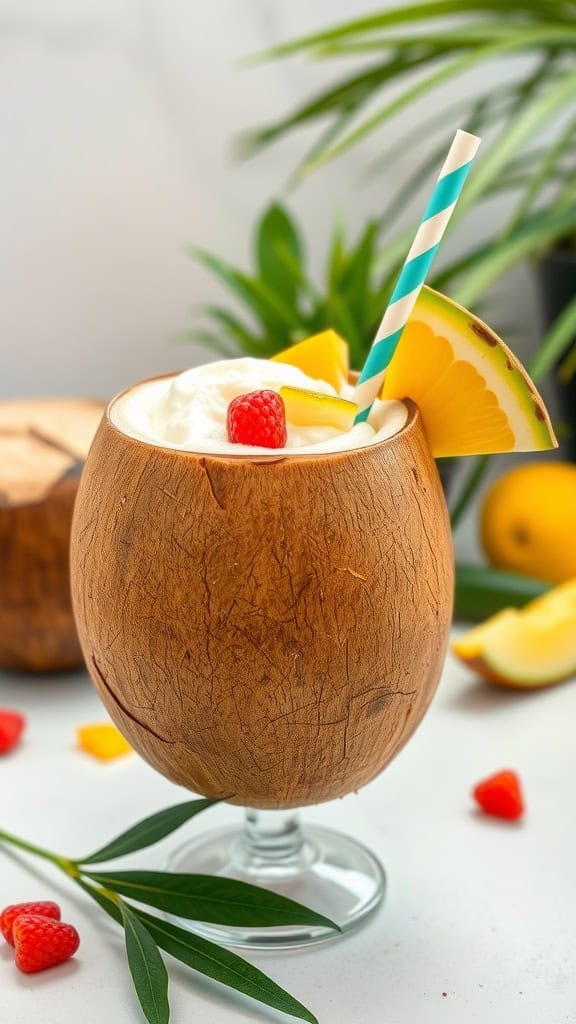 A tropical coconut cooler mocktail in a coconut-shaped glass, garnished with fruits and a striped straw.