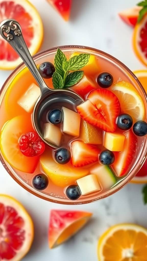 A vibrant bowl of tropical fruit punch with assorted fruits and mint leaves.