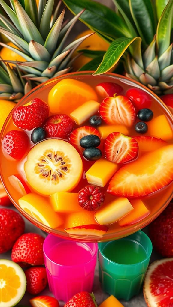 A colorful tropical fruit punch with various fruits in a large bowl surrounded by fresh strawberries, lemons, and small colorful cups.