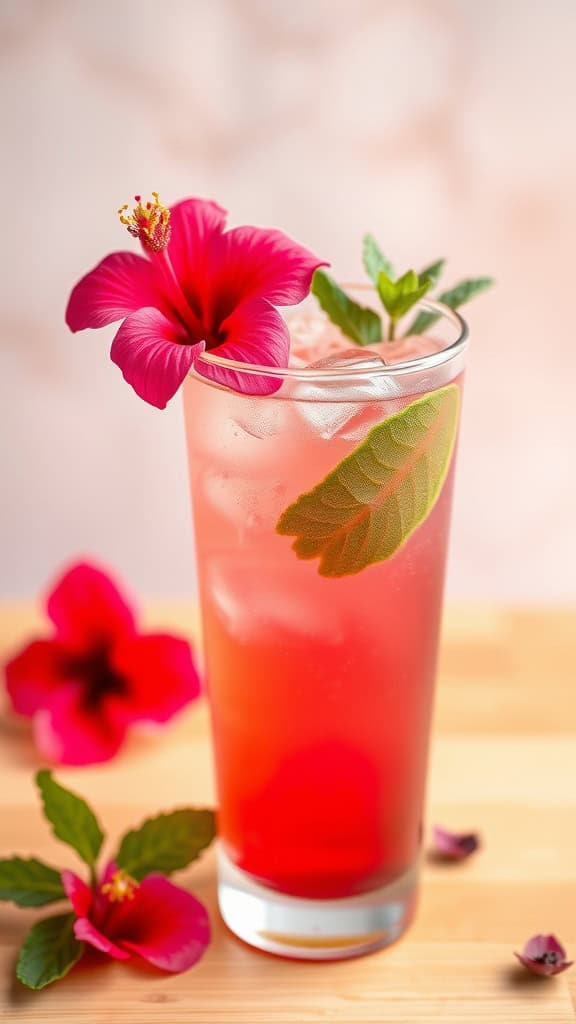 A glass of colorful Tropical Hibiscus Iced Tea garnished with mint and lime.
