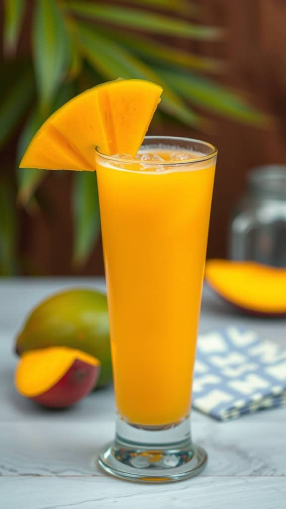 A vibrant Tropical Mango Mocktail served in a tall glass with a slice of mango on the rim.