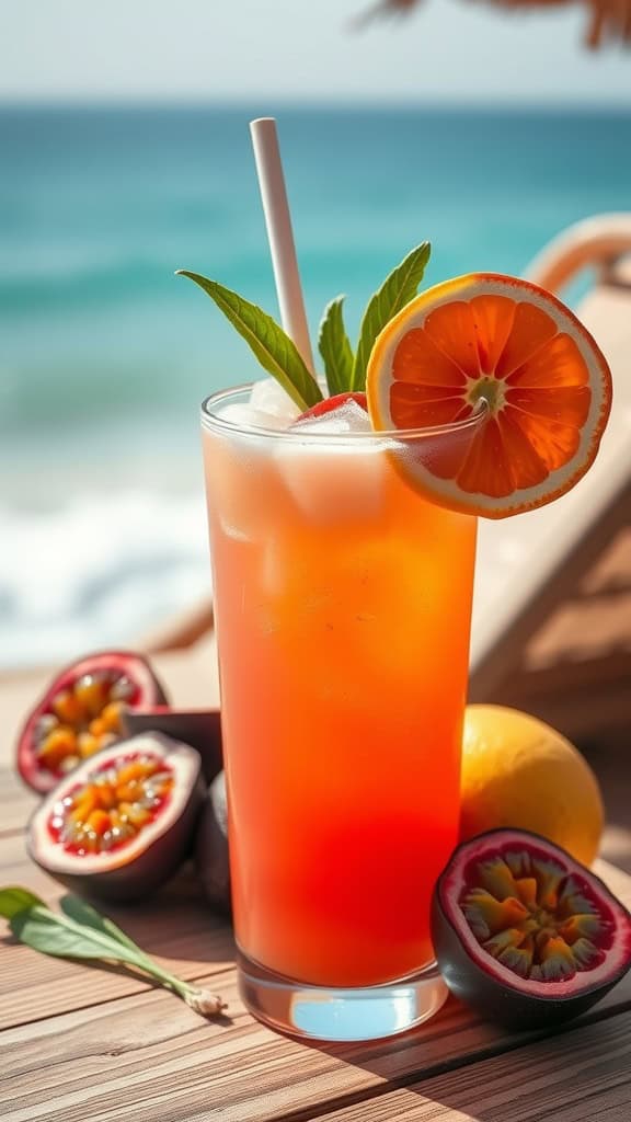 A refreshing glass of Tropical Passionfruit Lemonade garnished with lemon and mint