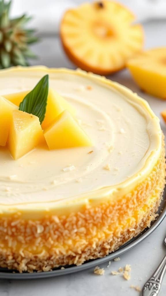 A creamy tropical pineapple no bake cheesecake topped with pineapple slices.