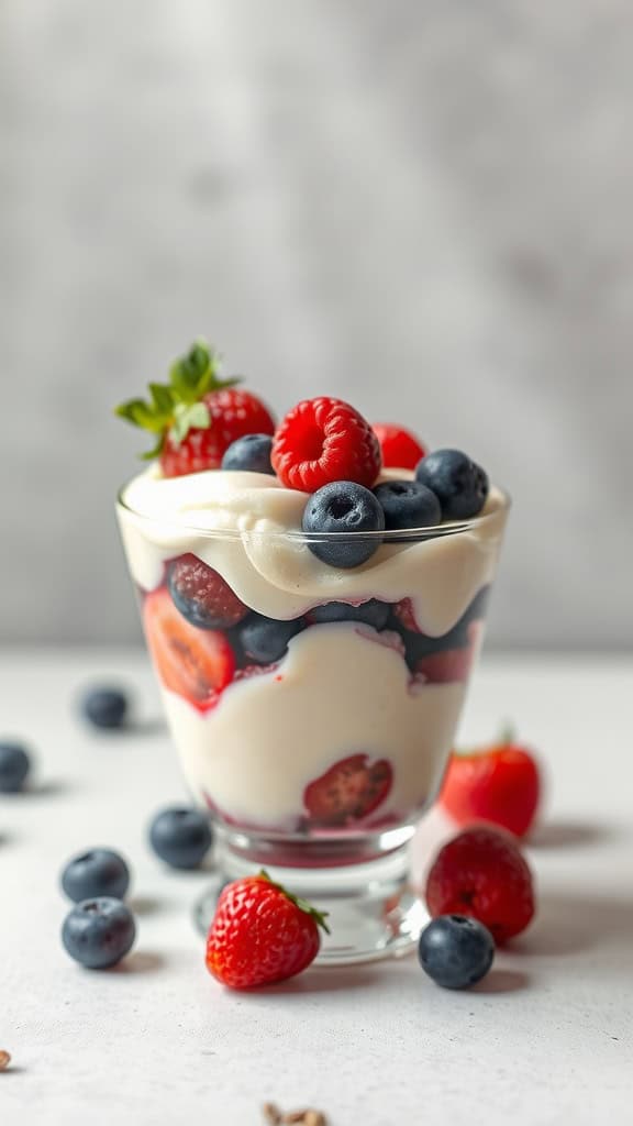 A glass of vanilla bean and berry fool topped with strawberries, raspberries, and blueberries.