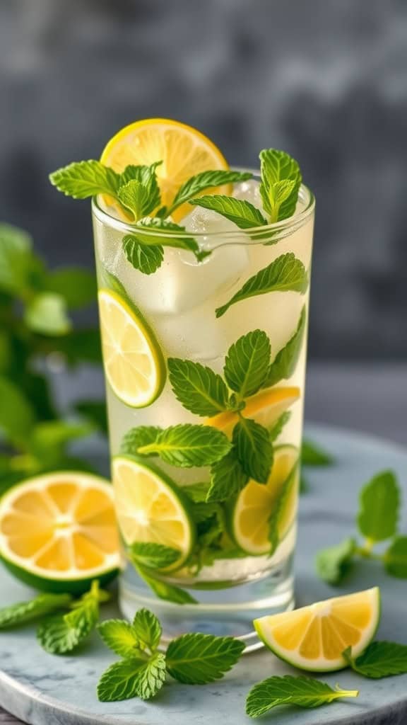 A refreshing Virgin Mojito with mint leaves and lemon slices.