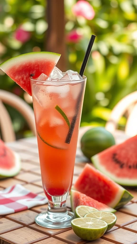 Refreshing Watermelon Cooler with Lime garnished with mint and a slice of watermelon