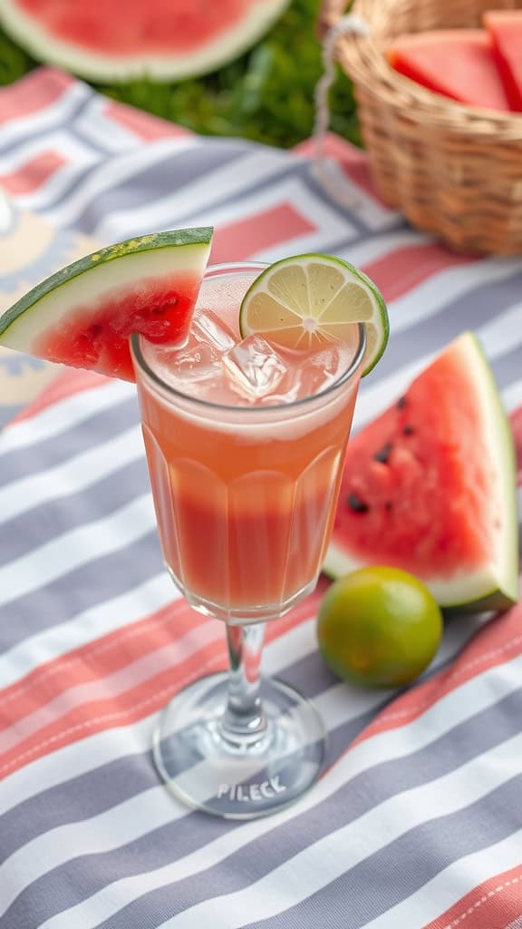 A refreshing watermelon lime mocktail with a slice of watermelon and lime on the rim