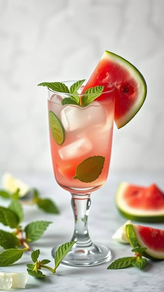 A refreshing watermelon mint mocktail served in a glass with ice and garnished with mint leaves and a slice of watermelon.