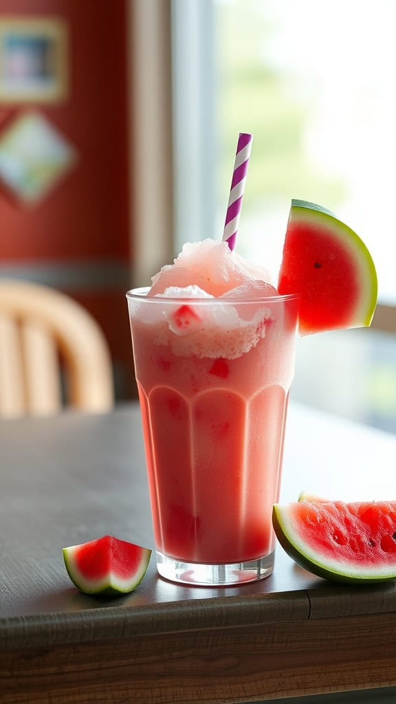 A glass of watermelon slush with a striped straw and watermelon slices on the side