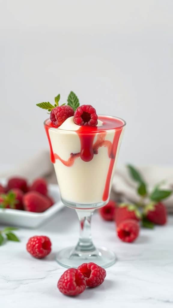 Delicious white chocolate raspberry mousse in a glass with fresh raspberries and a drizzle of raspberry sauce.