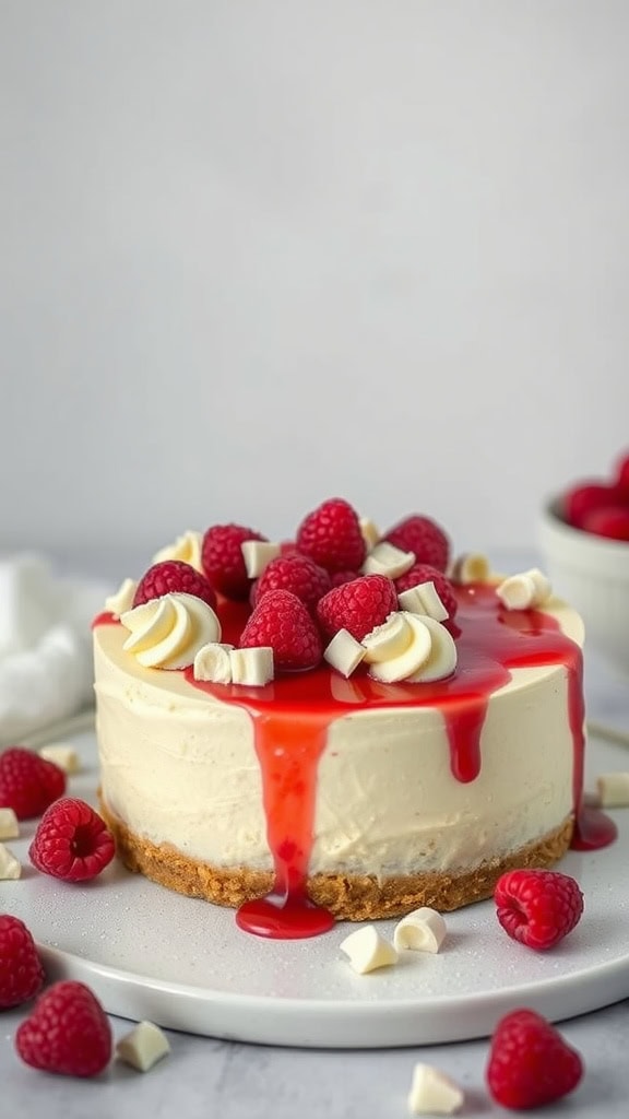 Delicious no bake cheesecake topped with raspberries and white chocolate