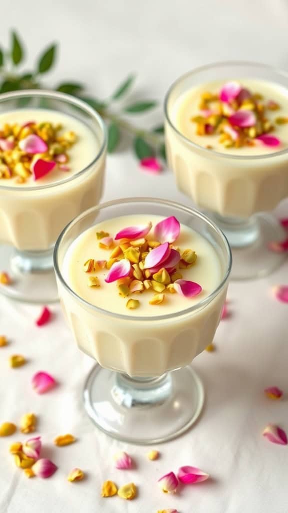 Pistachio and rosewater panna cotta in glass cups, garnished with crushed pistachios and rose petals, on a pastel tablecloth.