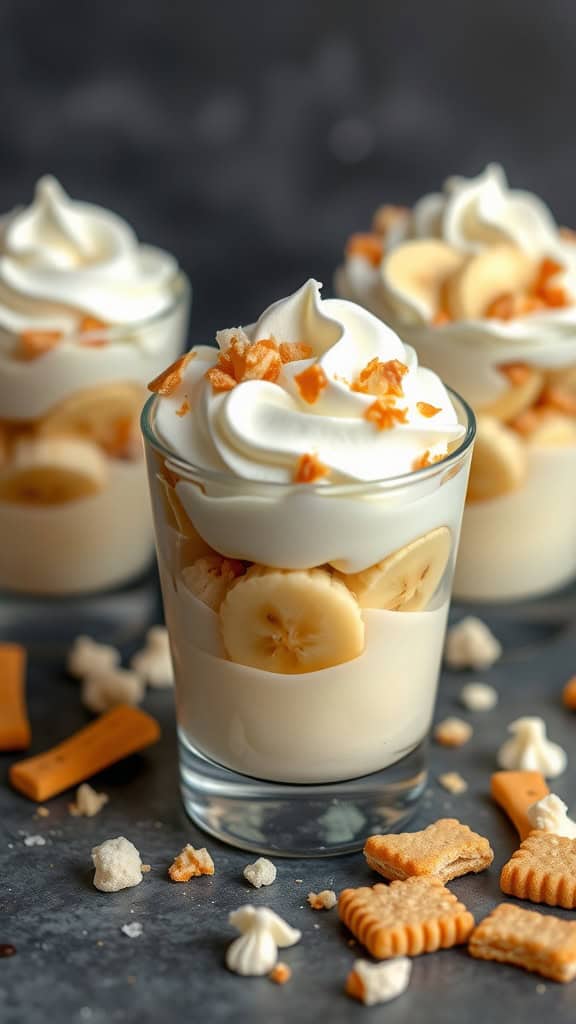 Delicious banana pudding cups with sliced bananas and whipped cream