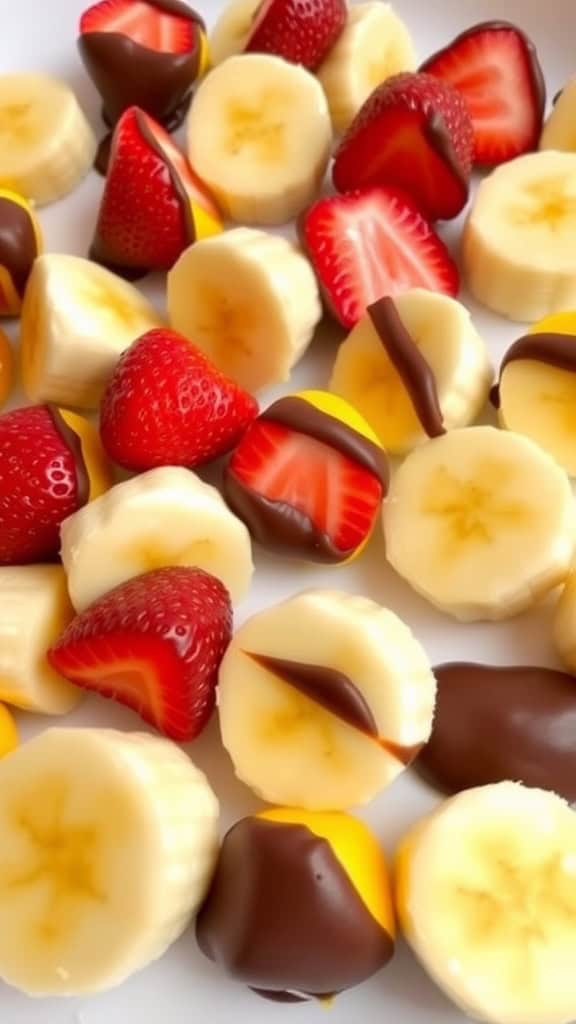 Chocolate-dipped frozen fruit bites with strawberries, bananas, and mangoes.