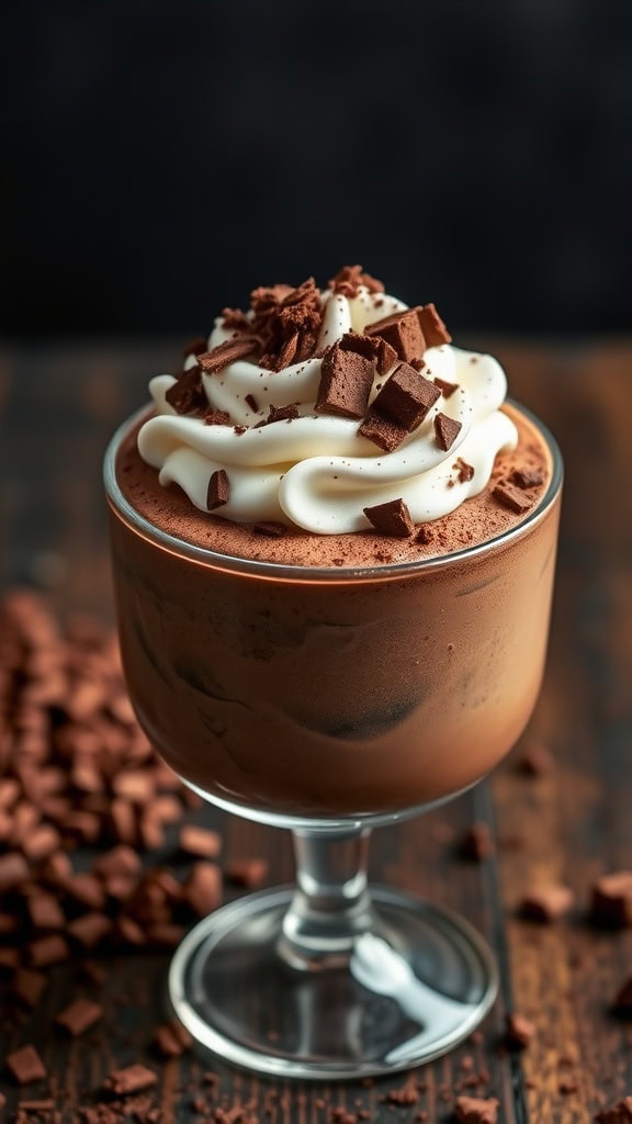 A delicious chocolate mousse dessert topped with whipped cream and chocolate shavings.