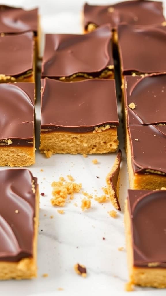 Delicious chocolate peanut butter bars cut into squares.