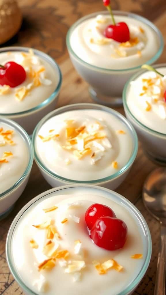 Coconut cream pudding served in bowls with cherries and coconut flakes