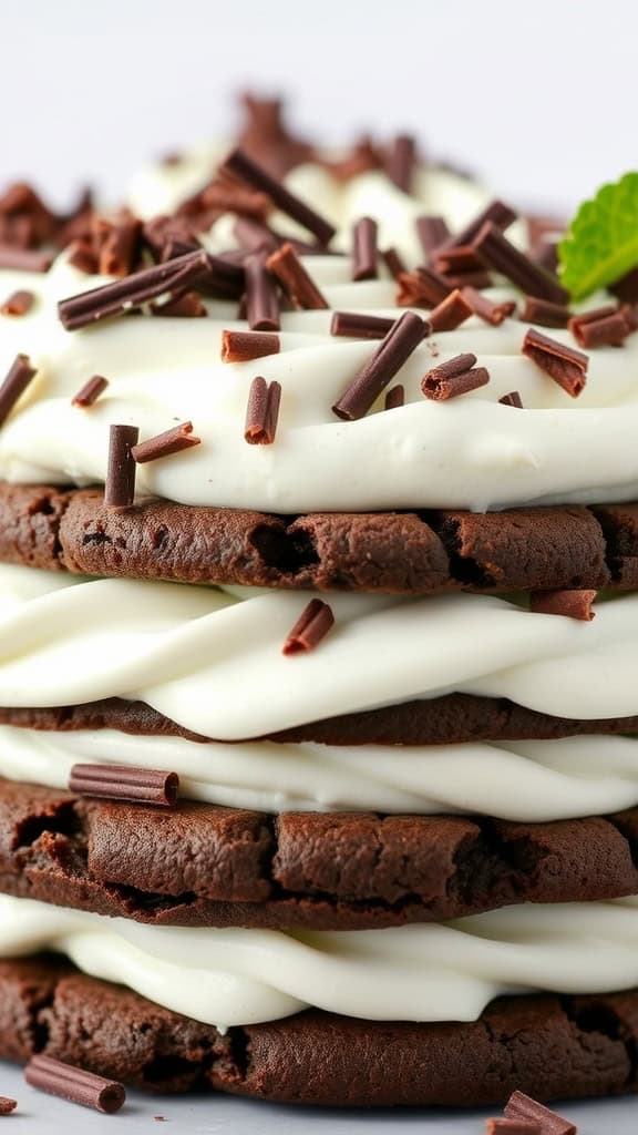 Mint Chocolate Chip Icebox Cake made with layers of chocolate cookies and mint whipped cream