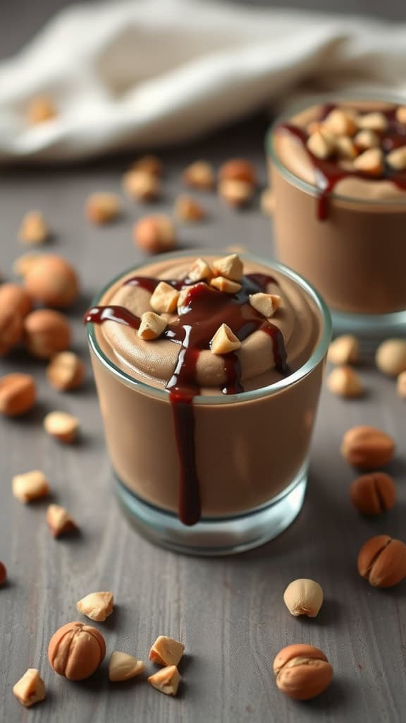 Delicious Nutella cheesecake mousse served in a glass with chocolate syrup and chopped hazelnuts.