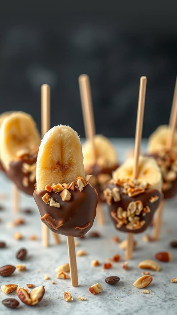 Delicious Peanut Butter Banana Pops coated in chocolate and sprinkled with nuts, served on sticks.