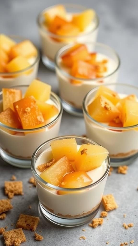 Delicious Pineapple Upside-Down Cheesecake Cups served in glass containers with pineapple chunks on top.