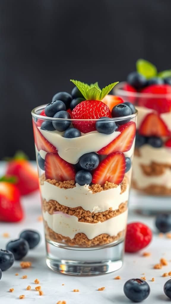 A refreshing berry cheesecake parfait with layers of cream cheese mixture, graham cracker crumbs, and fresh berries.