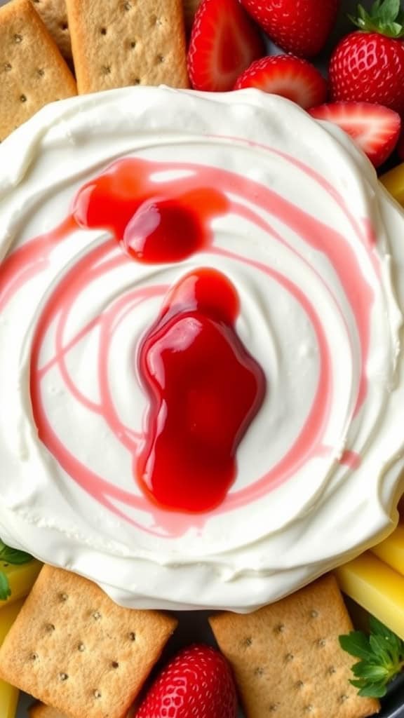 A bowl of strawberry cheesecake dip with graham crackers and fresh strawberries around it.